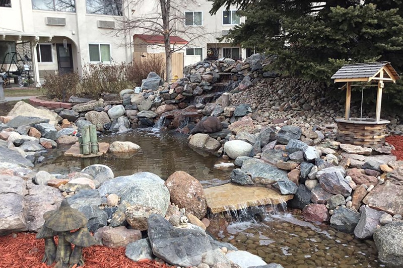 pond and waterfall at condo complex